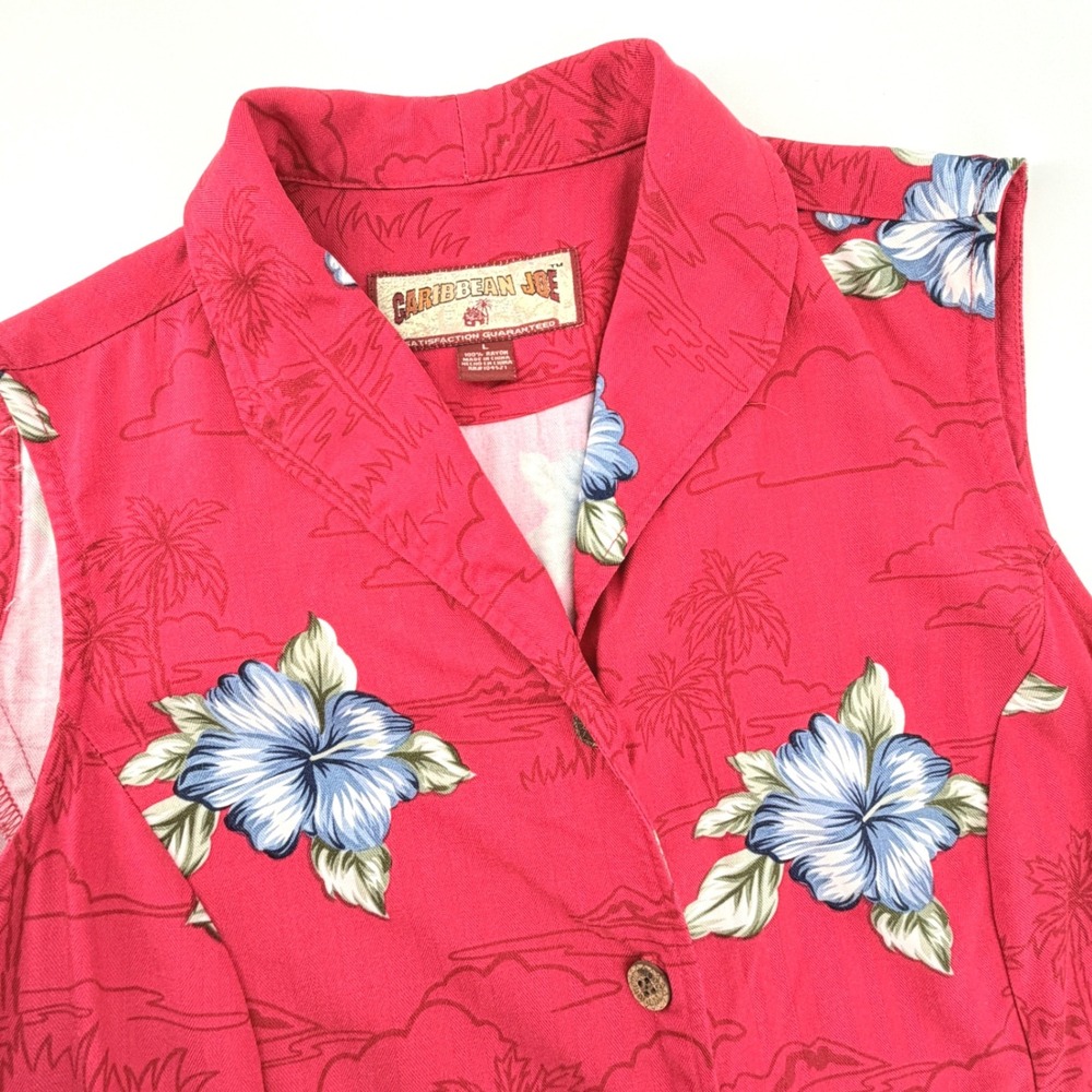 Caribbean Joe Shirt Vest Women Large Red Floral Good Sleeveless Tropical Rayon